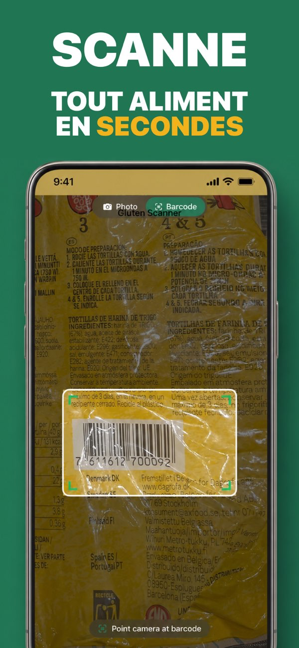 GF Scanner - Résultats montrant le verdict sans gluten