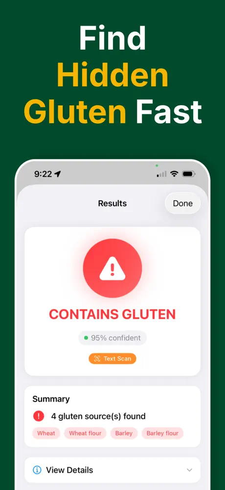 GF Scanner - Scan results showing gluten-free verdict